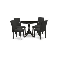 East West Furniture Dmab5-Abk-24 5 Piece Wood Dining Table Set Contains 1 Drop Leaves Dining Room Table And 4 Black Linen Fabric Dining Chair With High Back - Wire Brushed Black Finish