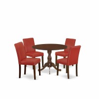 East West Furniture Dmab5-Mah-72 5 Piece Dining Table Set Contains 1 Drop Leaves Dining Table And 4 Firebrick Red Pu Leather Upholstered Chairs With High Back - Mahogany Finish