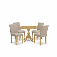 East West Furniture Dmab5-Oak-04 5 Piece Dining Room Table Set - Oak Wood Dining Table And 4 Light Tan Linen Fabric Dining Room Chairs With High Back - Oak Finish