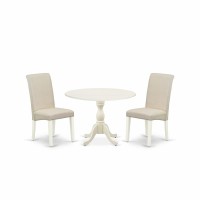 East West Furniture Dmba3-Lwh-01 3 Piece Dinning Room Table Set Contains 1 Drop Leaves Dining Table And 2 Cream Linen Fabric Upholstered Chair With High Back - Linen White Finish