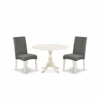 East West Furniture Dmdr3-Lwh-07 3 Piece Wood Dining Table Set Includes 1 Drop Leaves Dining Room Table And 2 Grey Linen Fabric Padded Chair With High Back - Linen White Finish