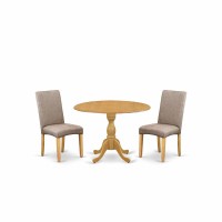 East West Furniture Dmdr3-Oak-16 3 Piece Table And Chairs Dining Set - Oak Modern Dining Table And 2 Dark Khaki Linen Fabric Modern Chairs With High Back - Oak Finish