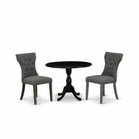 East West Furniture Dmga3-Abk-50 3 Piece Dining Set Contains 1 Drop Leaves Table And 2 Dark Gotham Grey Linen Fabric Dining Chairs Button Tufted Back With Nail Heads - Wire Brushed Black Finish