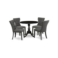 East West Furniture Dmga5-Abk-50 5 Pc Dining Set Includes 1 Drop Leaves Table And 4 Dark Gotham Grey Linen Fabric Dining Chair Button Tufted Back With Nail Heads - Wire Brushed Black Finish