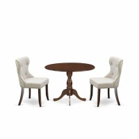 East West Furniture Dmsi3-Mah-35 3 Piece Modern Dining Table Set - Mahogany Kitchen Table And 2 Doeskin Linen Fabric Dining Room Chairs Button Tufted Back With Nail Heads - Mahogany Finish