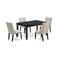 East West Furniture Dufo5-Blk-01 5-Pc Modern Dining Set Includes 1 Rectangular Dining Table And 4 Cream Linen Fabric Parson Chairs With Button Tufted Back - Black Finish