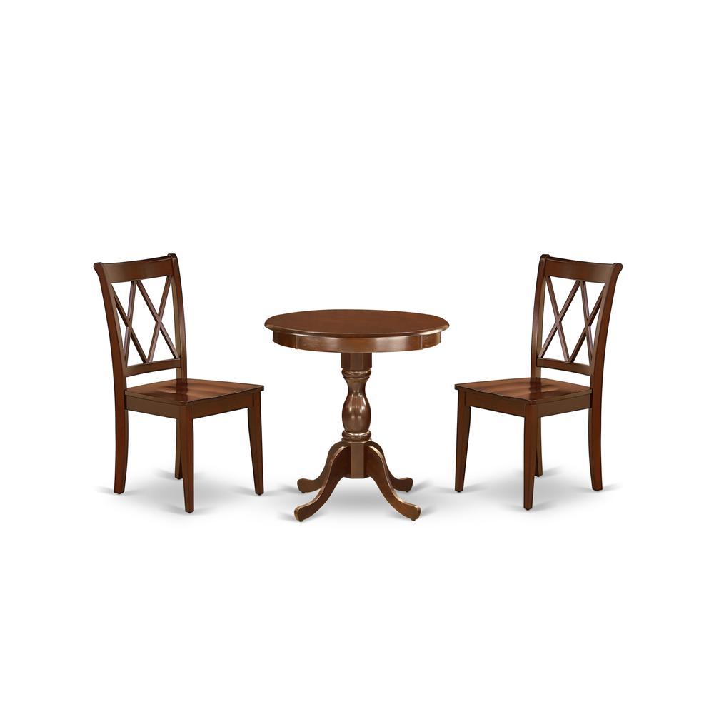 East West Furniture - Escl3-Mah-C - 3-Pc Dining Room Table Set - 2 Mid Century Cushion Seat Chairs - 1 Dining Room Table (Mahogany Finish)