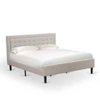 East West Furniture Fnf-08-K Platform King Size Bed - Mist Beige Linen Fabric Upholestered Bed Headboard With Button Tufted Trim Design - Black Legs