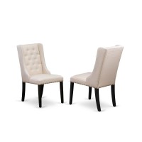 Fop1T01 Dining Padded Chairs - Cream Linen Fabric Kitchen Parson Chairs And Button Tufted Back With Black Rubber Wood Legs - Parson Dining Chairs Set Of 2 - Set Of 2