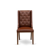 Fop3T46 Kitchen Parson Chairs - Brown Linen Fabric Upholstered Dining Chairs And Button Tufted Back With Mahogany Rubber Wood Legs - Dining Room Chairs Set Of 2 - Set Of 2