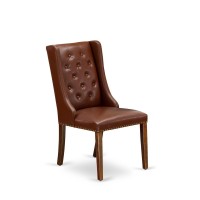 Fop3T46 Kitchen Parson Chairs - Brown Linen Fabric Upholstered Dining Chairs And Button Tufted Back With Mahogany Rubber Wood Legs - Dining Room Chairs Set Of 2 - Set Of 2