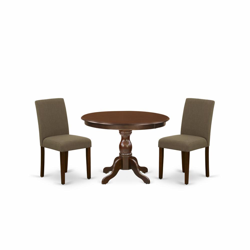 East West Furniture Hbab3-Mah-18 3 Piece Dining Table Set - Mahogany Dining Table And 2 Coffee Linen Fabric Mid Century Modern Chairs With High Back - Mahogany Finish