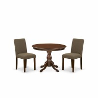 East West Furniture Hbab3-Mah-18 3 Piece Dining Table Set - Mahogany Dining Table And 2 Coffee Linen Fabric Mid Century Modern Chairs With High Back - Mahogany Finish