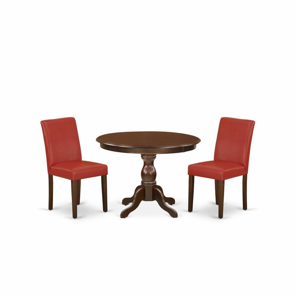East West Furniture Hbab3-Mah-72 3 Piece Table And Chairs Dining Set - Mahogany Dinner Table And 2 Firebrick Red Pu Leather Mid Century Modern Chairs With High Back - Mahogany Finish