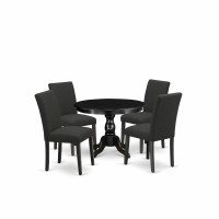 East West Furniture Hbab5-Abk-24 5 Piece Kitchen Table Set - Black Wood Dining Table And 4 Black Linen Fabric Mid Century Modern Chairs With High Back - Wire Brushed Black Finish
