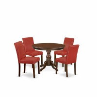 East West Furniture Hbab5-Mah-72 5 Piece Dining Room Table Set - Mahogany Small Dining Table And 4 Firebrick Red Pu Leather Kitchen Chairs With High Back - Mahogany Finish
