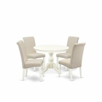 East West Furniture Hbba5-Lwh-01 5 Piece Dining Set - Linen White Round Dining Table And 4 Cream Linen Fabric Dining Chairs With High Back - Linen White Finish