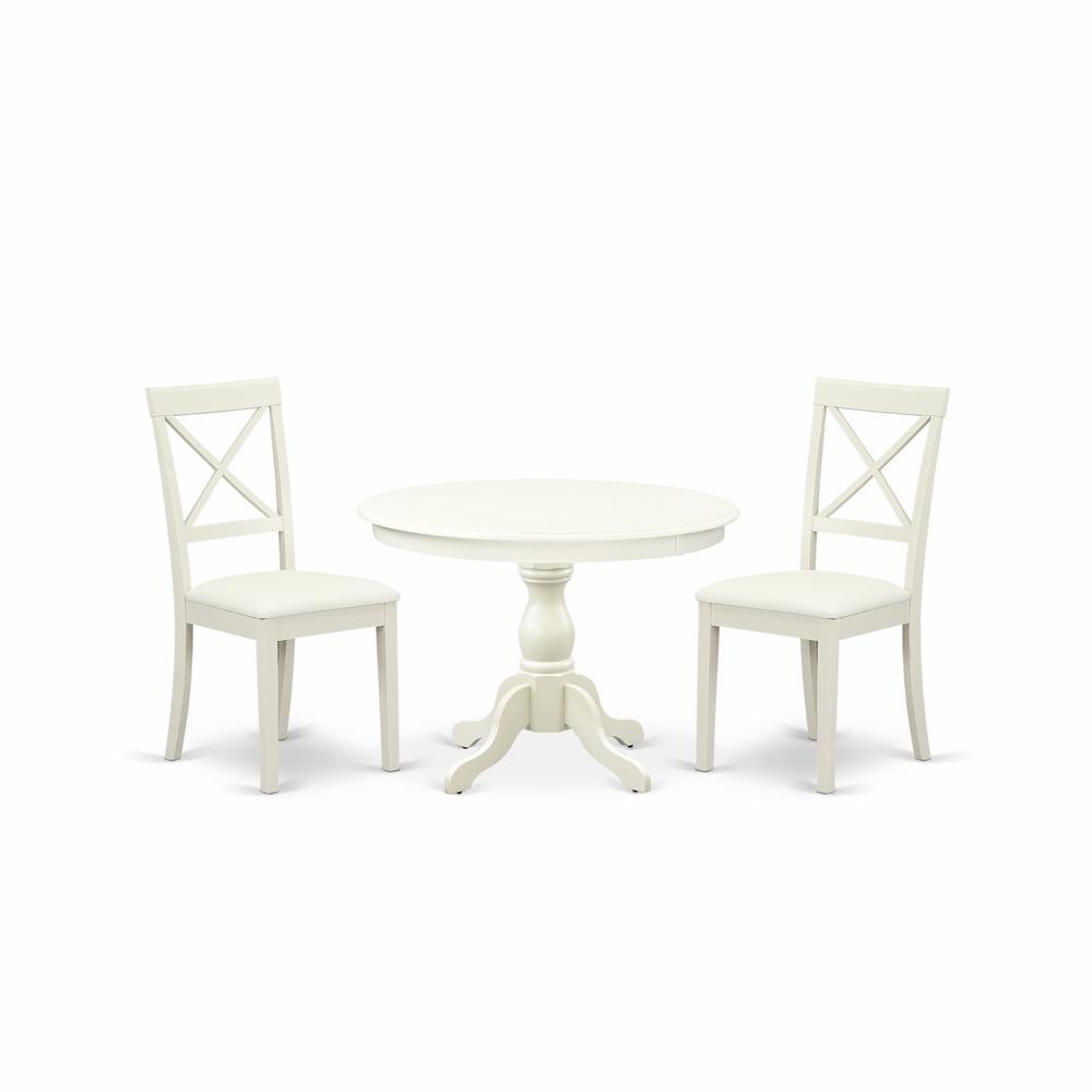 East West Furniture Hbbo3-Lwh-C 3 Piece Dining Room Set - Linen White Wood Table And 2 Linen White Faux Leather Dining Room Chairs With X-Back - Linen White Finish