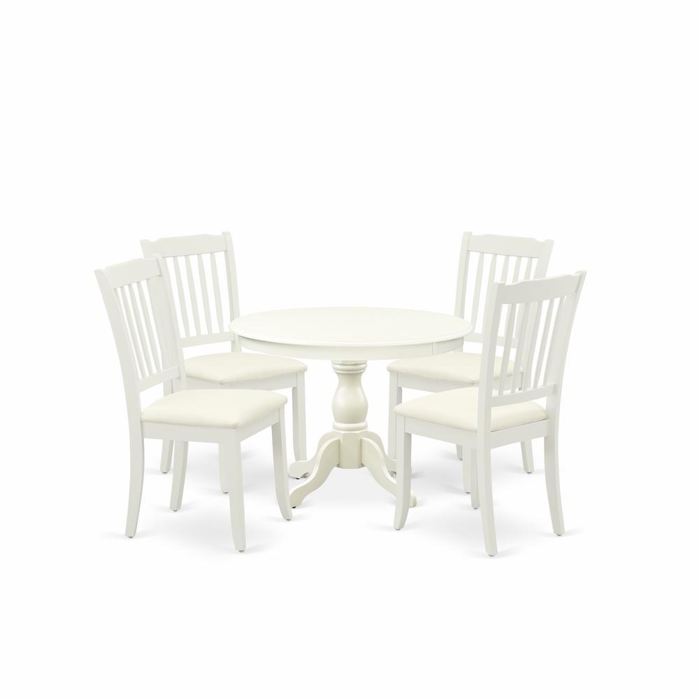 East West Furniture Hbda5-Lwh-C 5 Piece Kitchen Set - Linen White Round Dining Table And 4 Linen White Dining Chairs With Slatted Back - Linen White Finish