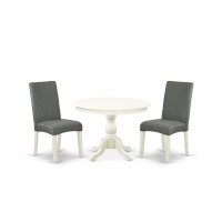East West Furniture Hbdr3-Lwh-07 3 Piece Dining Table Set - Linen White Small Kitchen Table And 2 Grey Linen Fabric Chairs For Dining Room With High Back - Linen White Finish