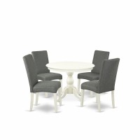 East West Furniture Hbdr5-Lwh-07 5 Piece Table And Chairs Dining Set - Linen White Small Kitchen Table And 4 Grey Linen Fabric Mid Century Modern Chairs With High Back - Linen White Finish