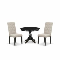 East West Furniture Hbel3-Abk-35 3 Piece Kitchen Table Set - Black Dinner Table And 2 Doeskin Linen Fabric Dining Chairs Button Tufted Back With Nail Heads - Wire Brushed Black Finish