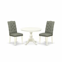 East West Furniture Hbel3-Lwh-07 3 Piece Dining Room Set - Linen White Wood Dining Table And 2 Smoke Linen Fabric Mid Century Modern Chairs Button Tufted Back With Nail Heads - Linen White Finish