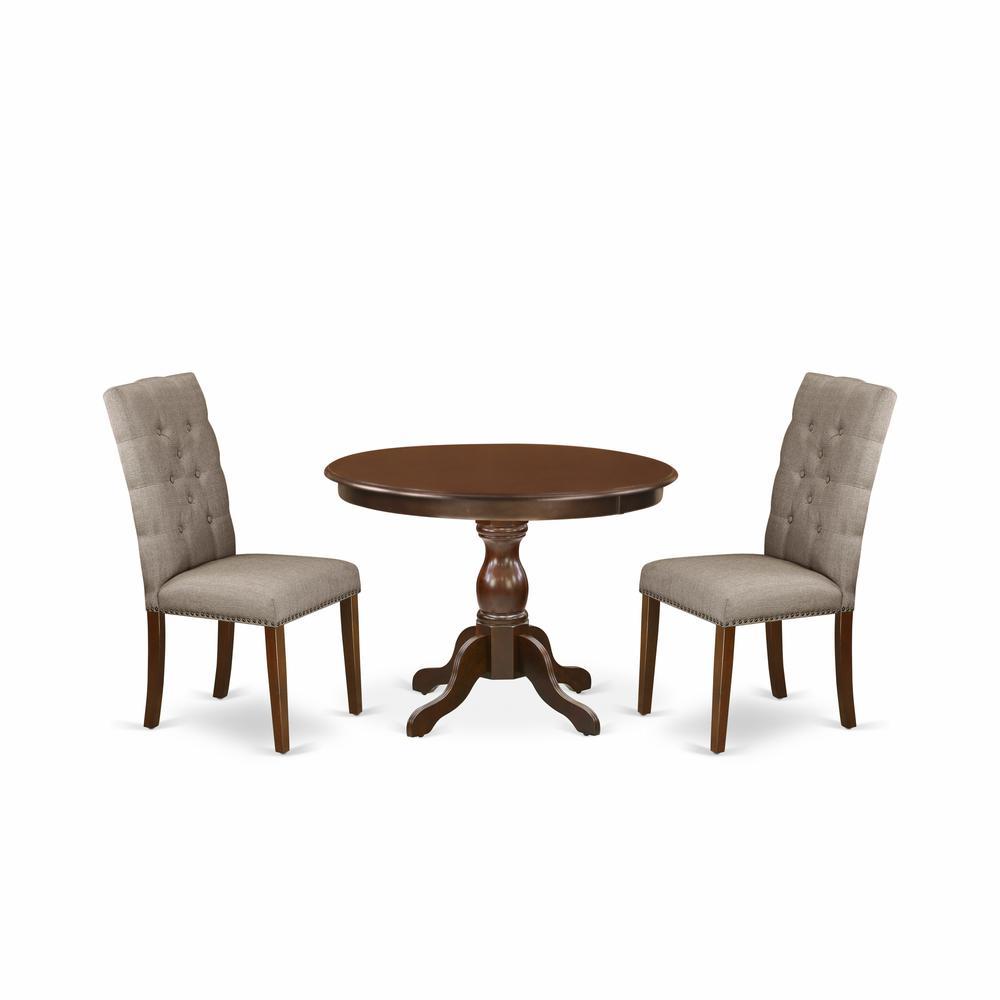East West Furniture Hbel3-Mah-16 3 Piece Dining Room Table Set - Mahogany Dining Table And 2 Dark Khaki Linen Fabric Chairs For Dining Room Button Tufted Back With Nail Heads - Mahogany Finish