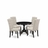 East West Furniture Hbel5-Abk-35 5 Piece Kitchen Table Set - Black Dinning Table And 4 Doeskin Linen Fabric Dining Chairs Button Tufted Back With Nail Heads - Wire Brushed Black Finish