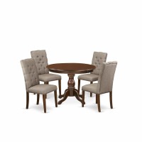 East West Furniture Hbel5-Mah-16 5 Piece Dining Table Set - Mahogany Breakfast Table And 4 Dark Khaki Linen Fabric Mid Century Modern Chairs Button Tufted Back With Nail Heads - Mahogany Finish