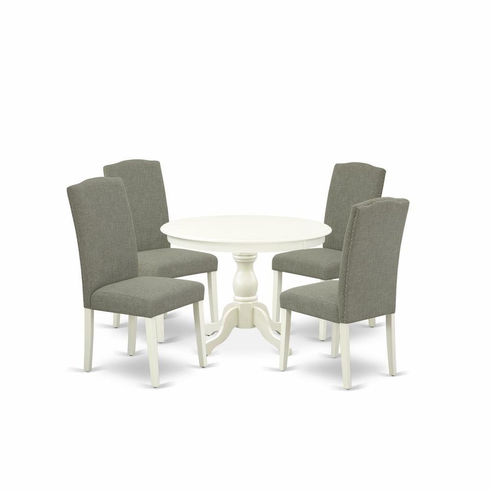 East West Furniture Hben5-Lwh-06 5 Piece Dining Table Set - Linen White Modern Dining Table And 4 Dark Shitake Linen Fabric Modern Dining Chairs With High Back - Linen White Finish