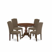 East West Furniture Hben5-Mah-18 5 Piece Kitchen Table Set - Mahogany Dining Table And 4 Dark Coffee Linen Fabric Kitchen & Dining Chairs Button Tufted Back With Nail Heads - Mahogany Finish