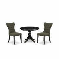 East West Furniture Hbga3-Abk-50 3 Piece Dining Table Set - Black Wood Table And 2 Dark Gotham Grey Linen Fabric Dining Chairs Button Tufted Back With Nail Heads - Wire Brushed Black Finish