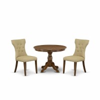 East West Furniture Hbga3-Awa-03 3 Piece Kitchen Set - Acacia Walnut Breakfast Table And 2 Brown Linen Fabric Kitchen & Dining Room Chairs Button Tufted Back With Nail Heads - Acacia Walnut Finish