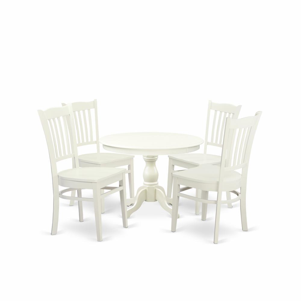 East West Furniture Hbgr5-Lwh-W 5 Piece Table And Chairs Dining Set - Linen White Wood Table And 4 Linen White Wooden Chairs With Slatted Back - Linen White Finish