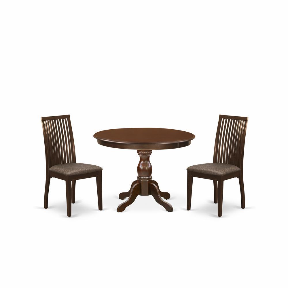 East West Furniture Hbip3-Mah-C 3 Piece Table And Chairs Dining Set - Mahogany Wood Dining Table And 2 Mahogany Linen Fabric Chairs For Dining Room With Slatted Back- Mahogany Finish