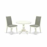 East West Furniture Hbla3-Lwh-06 3 Piece Dining Room Set - Linen White Round Dining Table And 2 Shitake Linen Fabric Modern Chairs With High Back - Linen White Finish