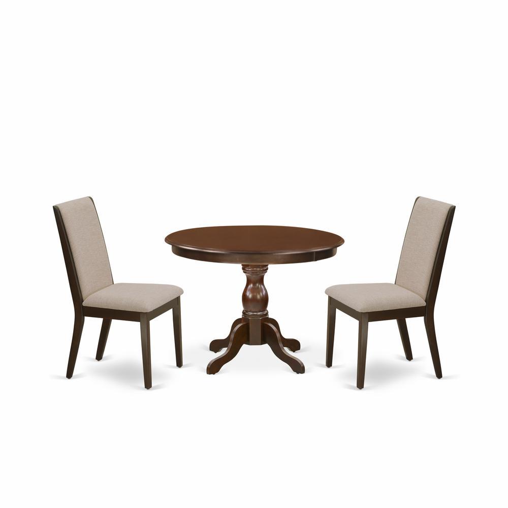 East West Furniture Hbla3-Mah-04 3 Piece Dining Room Table Set - Mahogany Breakfast Table And 2 Light Tan Linen Fabric Kitchen & Dining Room Chairs With High Back - Mahogany Finish