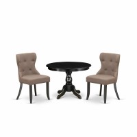 East West Furniture Hbsi3-Abk-48 3 Piece Dining Table Set - Black Wood Dining Table And 2 Coffee Linen Fabric Kitchen Chairs Button Tufted Back With Nail Heads - Wire Brushed Black Finish