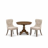 East West Furniture Hbsi3-Awa-04 3 Piece Dining Table Set - Acacia Walnut Dining Table And 2 Light Tan Linen Fabric Dining Chairs Button Tufted Back With Nail Heads - Acacia Walnut Finish