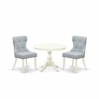 East West Furniture Hbsi3-Lwh-15 3 Piece Table Set - Linen White Small Kitchen Table And 2 Baby Blue Linen Fabric Dining Chairs Button Tufted Back With Nail Heads - Linen White Finish