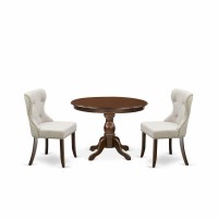 East West Furniture Hbsi3-Mah-35 3 Piece Table Set - Mahogany Wood Table And 2 Doeskin Linen Fabric Kitchen Chairs Button Tufted Back With Nail Heads - Mahogany Finish