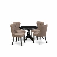 East West Furniture Hbsi5-Abk-48 5 Piece Kitchen Dining Table Set - Black Wood Table And 4 Coffee Linen Fabric Dining Chairs Button Tufted Back With Nail Heads - Wire Brushed Black Finish