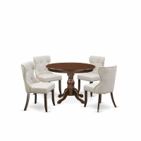 East West Furniture Hbsi5-Mah-35 5 Piece Dining Room Set - Mahogany Kitchen Table And 4 Doeskin Linen Fabric Parson Dining Chairs Button Tufted Back With Nail Heads - Mahogany Finish