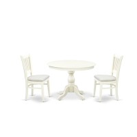 East West Furniture - Hbva3-Lwh-C - 3-Piece Dinette Room Set- 2 Wooden Chairs And Kitchen Dining Table - Linen Fabric Seat And Slatted Chair Back - Linen White Finish