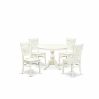 East West Furniture - Hbva5-Lwh-W - 5-Pc Kitchen Table Set- 4 Dining Room Chairs And Modern Round Dining Table - Wooden Seat And Slatted Chair Back - Linen White Finish