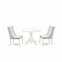 East West Furniture Hlfo3-Lwh-44 3-Pc Kitchen Table Set Includes 1 Pedestal Kitchen Table And 2 Light Grey Linen Fabric Parson Chairs With Button Tufted Back - Linen White Finish