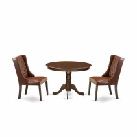 East West Furniture Hlfo3-Mah-46 3-Pc Kitchen Table Set Includes 1 Pedestal Dining Table And 2 Brown Linen Fabric Upholstered Dining Chairs With Button Tufted Back - Mahogany Finish