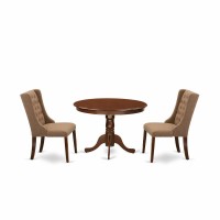 East West Furniture Hlfo3-Mah-47 3-Piece Kitchen Dining Room Set Includes 1 Pedestal Dining Table And 2 Light Sable Linen Fabric Kitchen Chairs With Button Tufted Back - Mahogany Finish