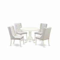 East West Furniture Hlfo5-Lwh-44 5-Piece Dinette Room Set Includes 1 Pedestal Dining Room Table And 4 Light Grey Linen Fabric Kitchen Chairs With Button Tufted Back - Linen White Finish